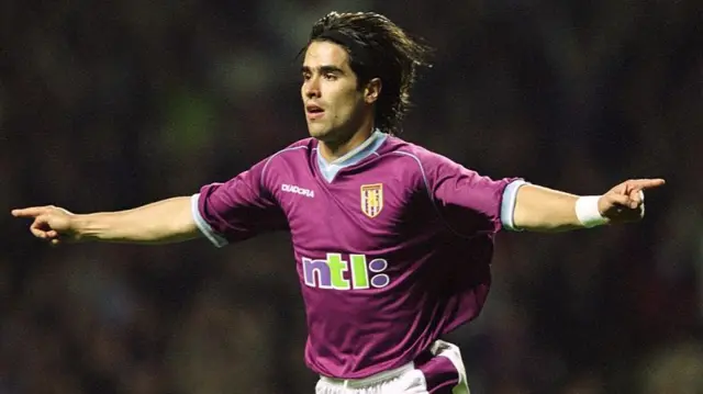 Juan Pablo Angel of Aston Villa celebrates the first of his brace of goals during the UEFA Cup match against Varteks