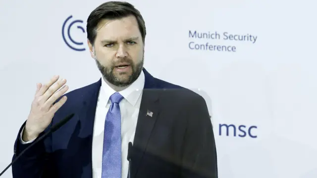 US Vice President JD Vance gestures towards the camera