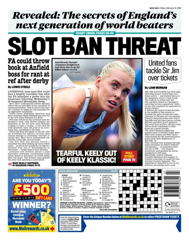 Back page of the Daily Mail on 14 February