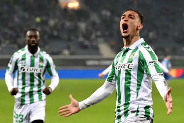 Antony celebrates scoring for Real Betis against Gent