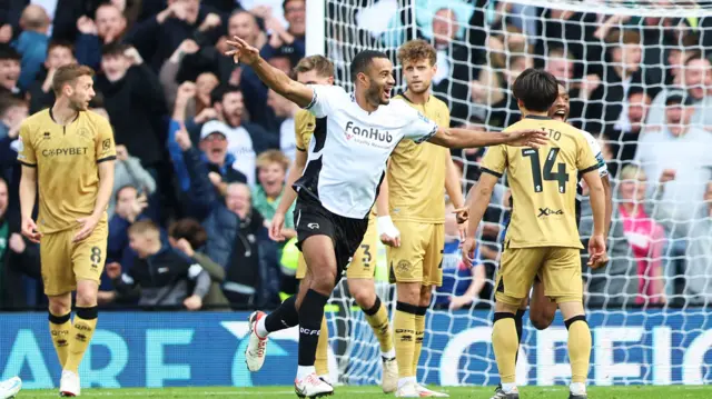 Derby County's Curtis Nelson celebrates his goal during the reverse fixture against QPR in October