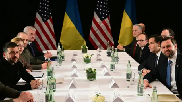 US Vice President JD Vance (R), US Secretary of State Marco Rubio (2nd R) and Ukrainian President Volodymyr Zelensky (L) meet on the sidelines of the 61st Munich Security Conference (MSC) in Munich, southern Germany on February 14, 2025