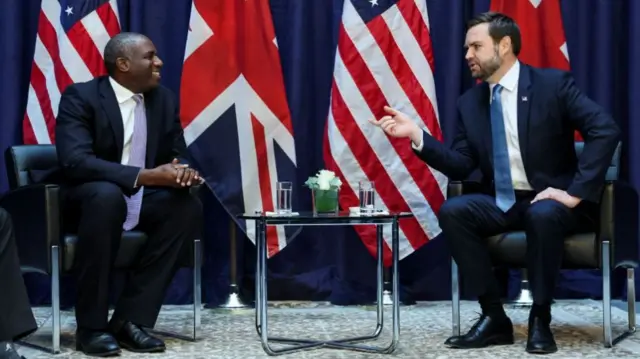 Description U.S. Vice President JD Vance participates in a bilateral meeting with British Foreign Minister David Lammy at the Commerzbank in Munich,