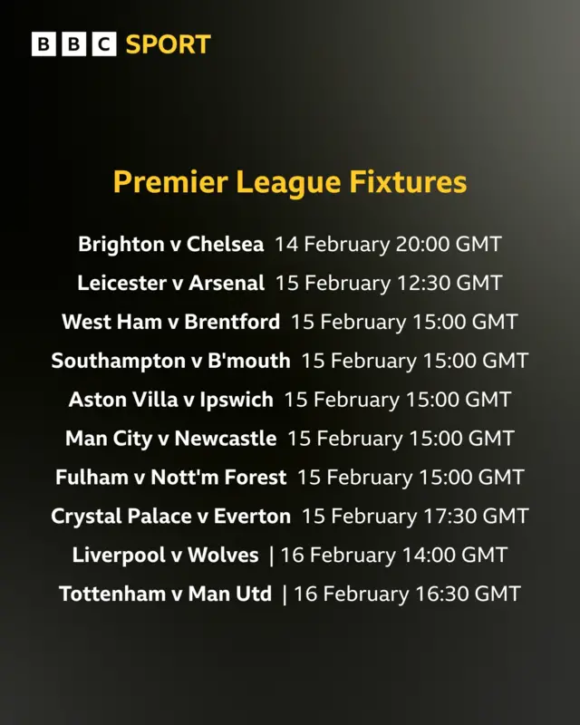 Premier League fixtures for the weekend commencing 14 February 2025