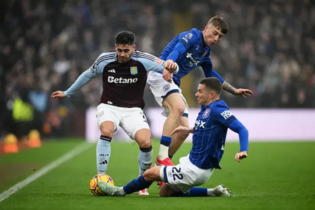 Andres Garcia of Aston Villa battles for possession with Conor Townsend