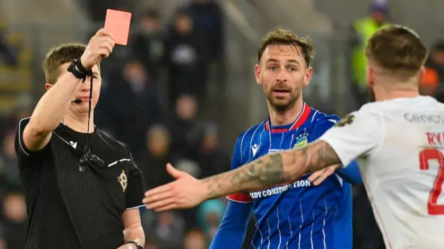 Andy Ryan was sent-off late in the first half against Linfield