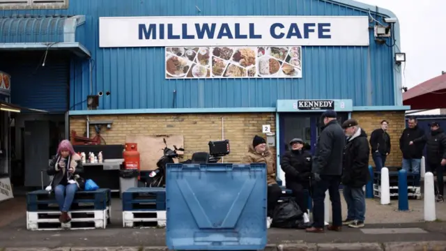 Fans outside Millwall Cafe