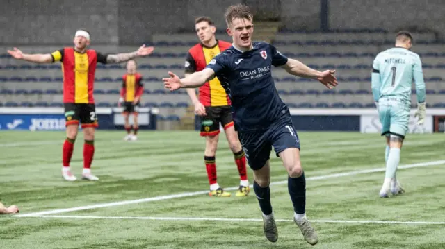 Finlay Pollock celebrates after scoring for Raith Rovers against Partick Thistle