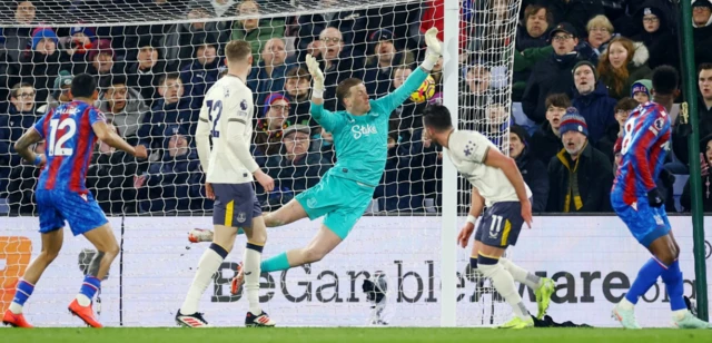 Crystal Palace's Jefferson Lerma scores a goal past Everton's Jordan Pickford