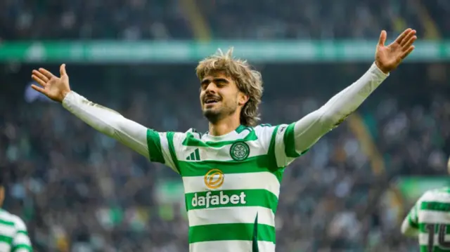 Celtic's Jota celebrates scoring to make it 2-0 during a William Hill Premiership match between Celtic and Dundee United at Celtic Park, on February 15, 2025, in Glasgow, Scotland.  (Photo by Craig Foy / SNS Group)