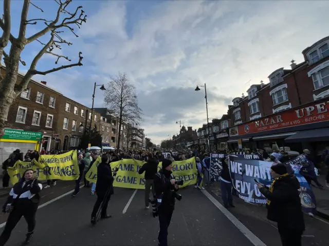 Pre-match anti-ownership protests from a group of Tottenham fans