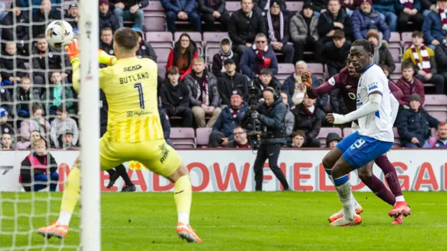 Jack Butland makes a save for Rangers against Hearts