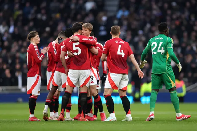 Harry Maguire and Rasmus Hojlund of Manchester United embrace