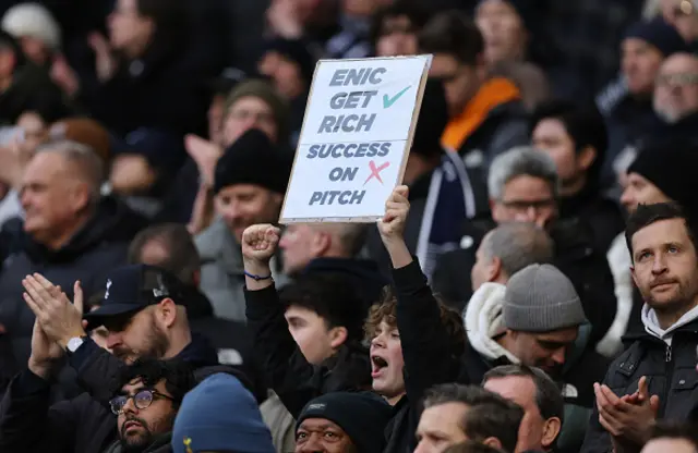 Tottenham Hotspur fan holds up a sign in protest