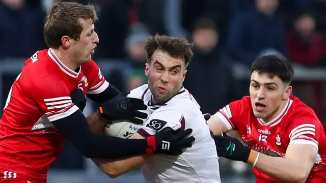 Derry's Brendan Rogers tackles Galway's Paul Conroy at Croke Park