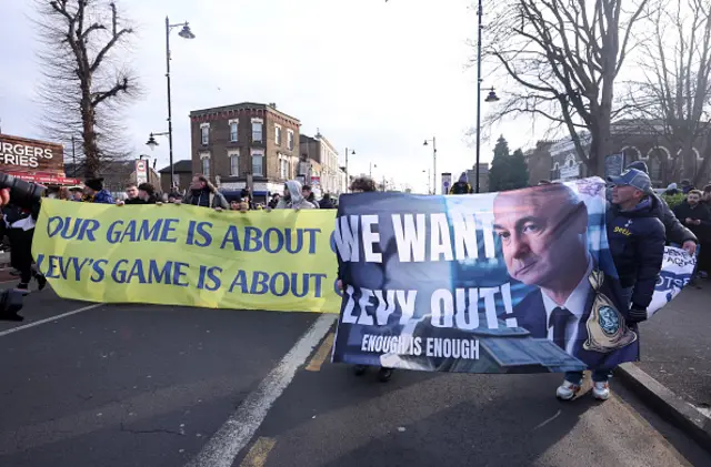 Tottenham Hotspur fans gather outside the stadium and protest against Daniel Levy, Chairman of Tottenham Hotspur