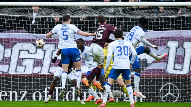 Michael Steinwender scores for Hearts against Rangers