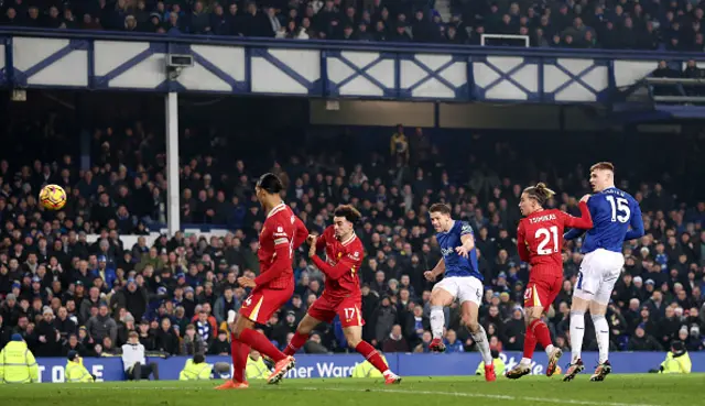 James Tarkowski of Everton scores