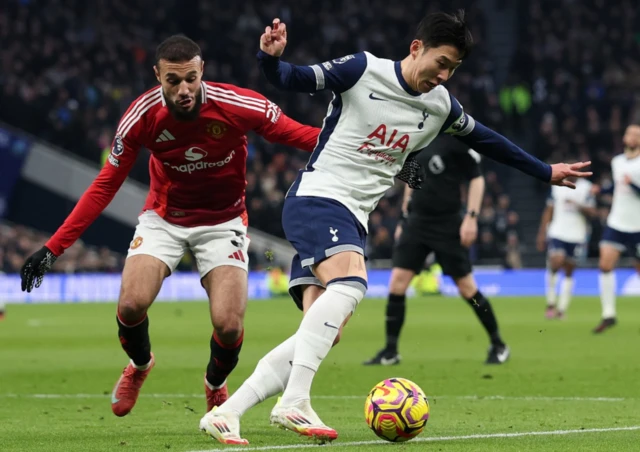 Manchester United's Noussair Mazraoui in action with Tottenham Hotspur's Son Heung-min