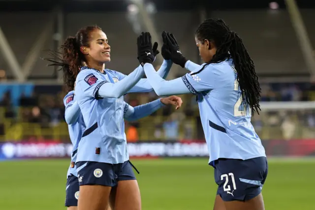 Khadija Shaw and Mary Fowler of Manchester City celebrates scoring her team's first goal