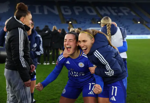 Julie Thibaud and Janice Cayman of Leicester City celebrate victory.