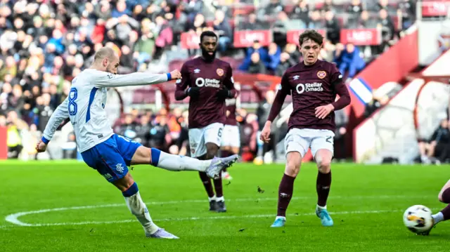 Vaclav Cerny has a shot for Rangers against Hearts