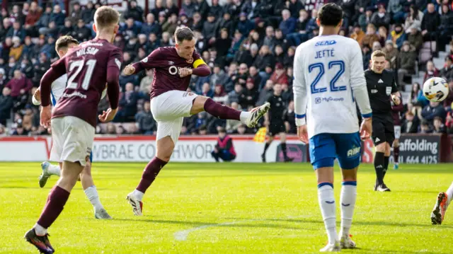 Hearts captain Lawrence Shankland shoots