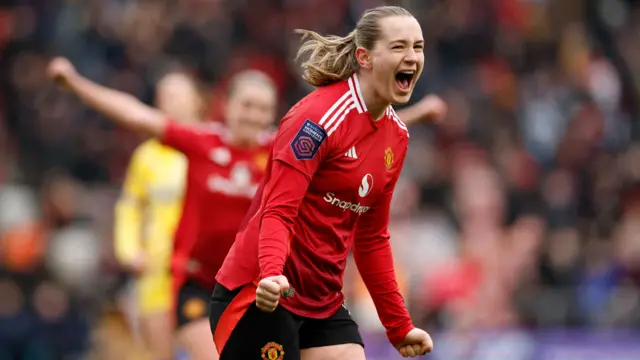 Manchester United's Elisabeth Terland celebrates scoring their second goal