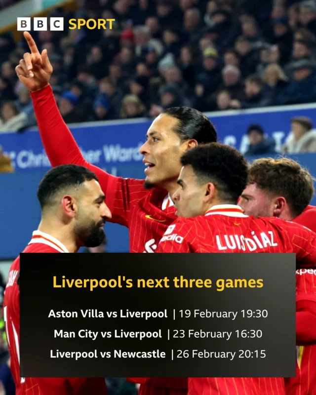 Liverpool fixture graphics showing games against Aston Villa, Manchester City and Newcastle between 19 and 26 February