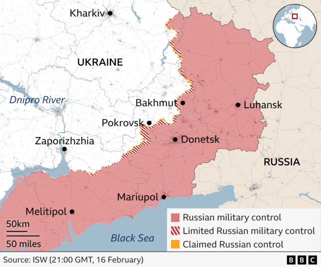 A map showing Russian military control areas that have spread in the east of Ukraine.