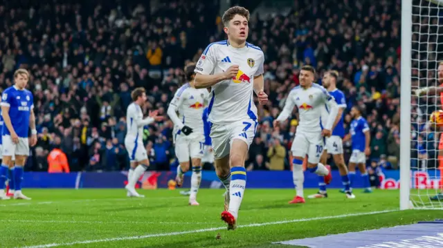 Leeds United's Dan James celebrates scoring in the 7-0 win over Cardiff