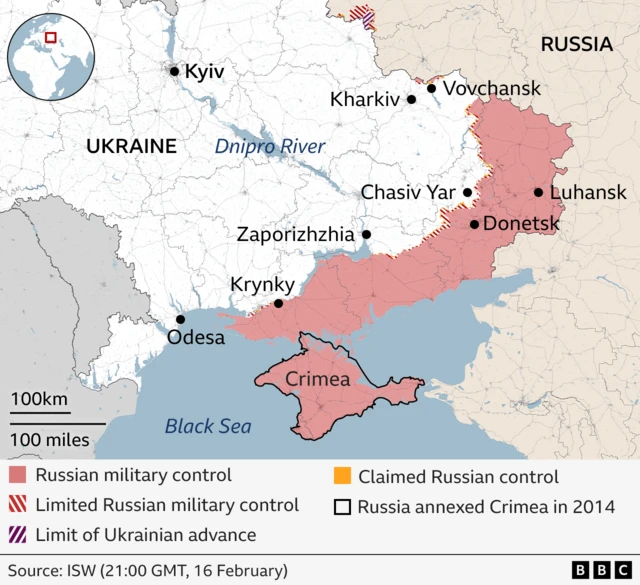 A map showing areas of Russian military control in south east Ukraine.