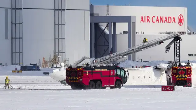 A plane flipped overt with two firetrucks next to it