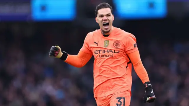 Ederson celebrates during Man City's win over Newcastle