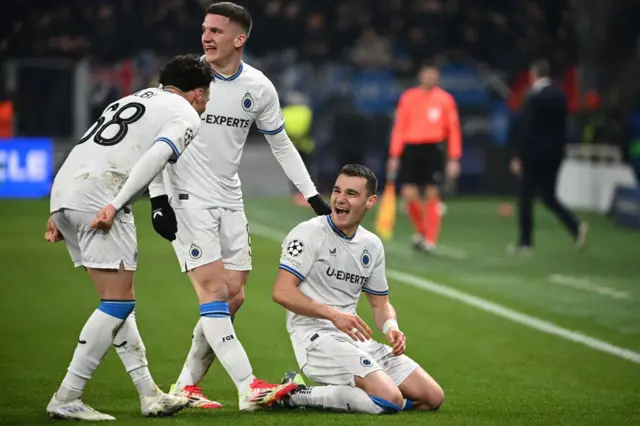 Ferran Jutgla celebrates scoring Brugge's third goal