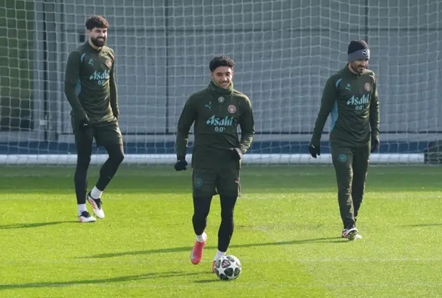 Manchester City's Josko Gvardiol, Omar Marmoush and Ilkay Gundogan during a training session at the City Football Academy, Manchester