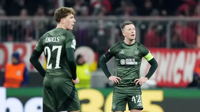 Celtic's Arne Engels and Callum McGregor look dejected