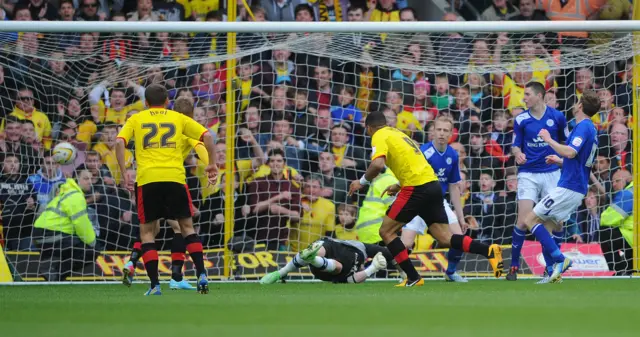 Troy Deeney scores v Leicester in the 2013 Championship play-offs