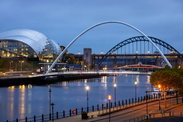 Sage Gateshead, Gateshead Millennium Bridge and the Tyne Bridge in Newcastle