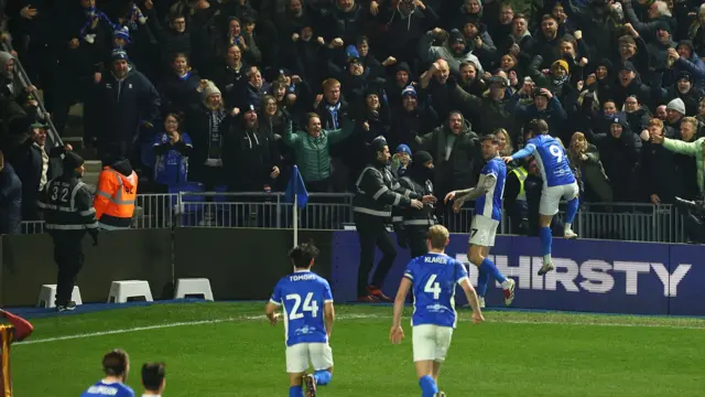 Birmingham players celebrate the winner against Bradford