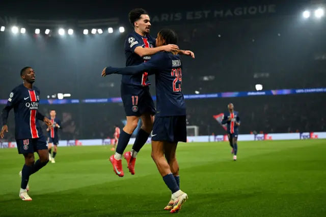 Bradley Barcola of Paris Saint-Germain celebrates