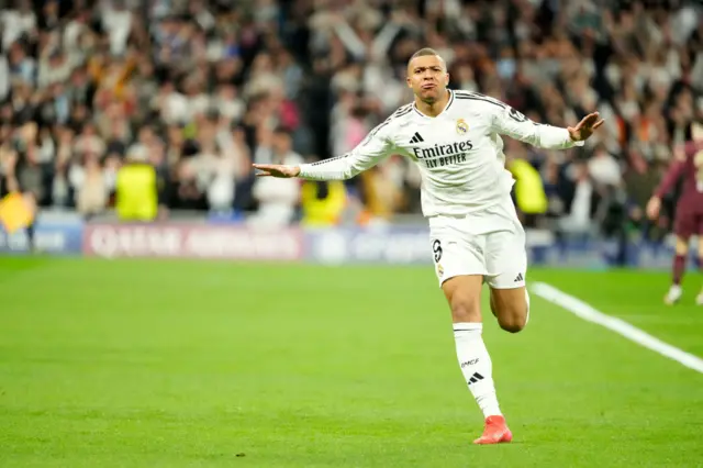 Kylian Mbappe of Real Madrid celebrates scoring