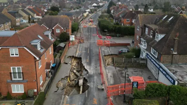 A drone view shows a large sinkhole in Godstone, southern Britain, February 19, 2025.