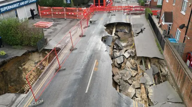 A drone view shows a large sinkhole in Godstone, southern Britain, February 19, 2025.