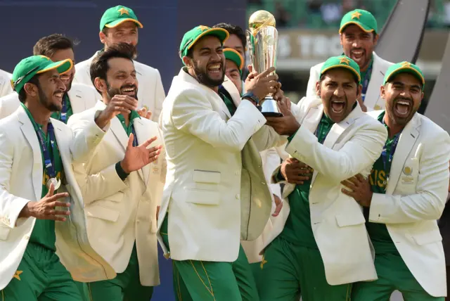 Pakistan lift the Champions Trophy trophy aloft