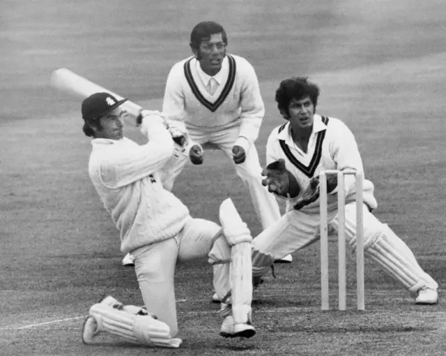 Zaheer Abbas stood at slip as Alan Knott goes on the attack in 1971