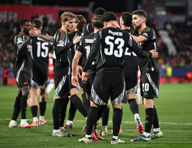 Ethan Nwaneri celebrates scoring Arsenal's 2nd goal with Jorginho during the UEFA Champions League 2024/25 League Phase MD8