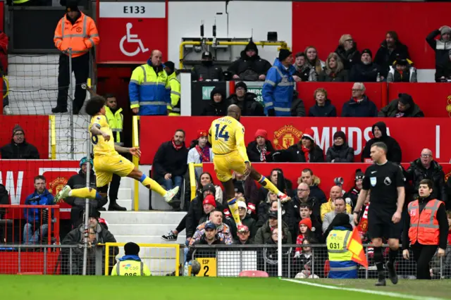 Jean-Philippe Mateta of Crystal Palace kicks a corner flag as he celebrates