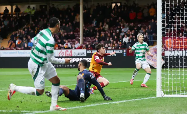 Adam Idah crosses into the Motherwell six-yard box
