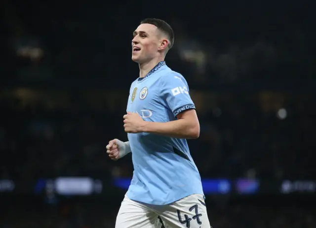 Phil Foden of Manchester City during the UEFA Champions League 2024/25 League Phase MD8 match between Manchester City and Club Brugge KV